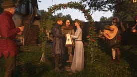 The bride and groom at a wedding held in Trosky Castle in Kingdom Come: Deliverance 2, standing before an archway.